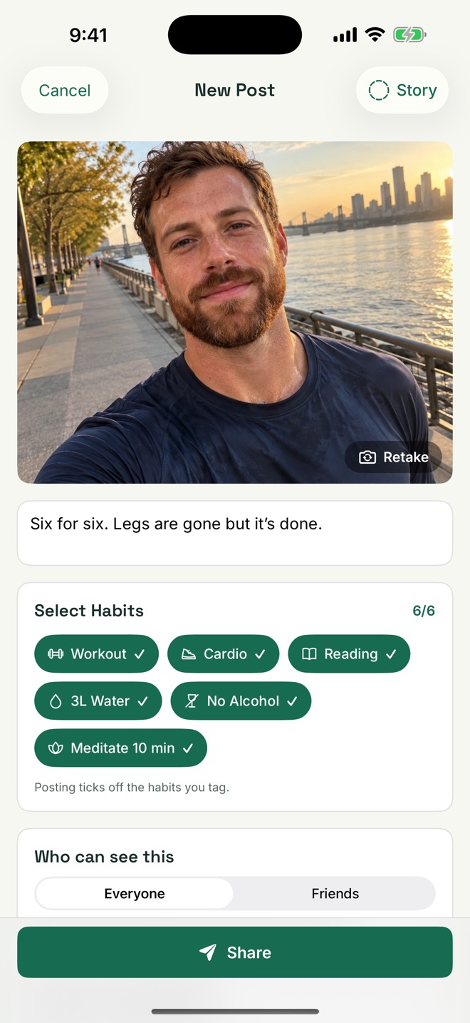The New Post screen in RESET: a selfie by the river, the caption “Six for six. Legs are gone but it's done.”, and all six habits tagged.