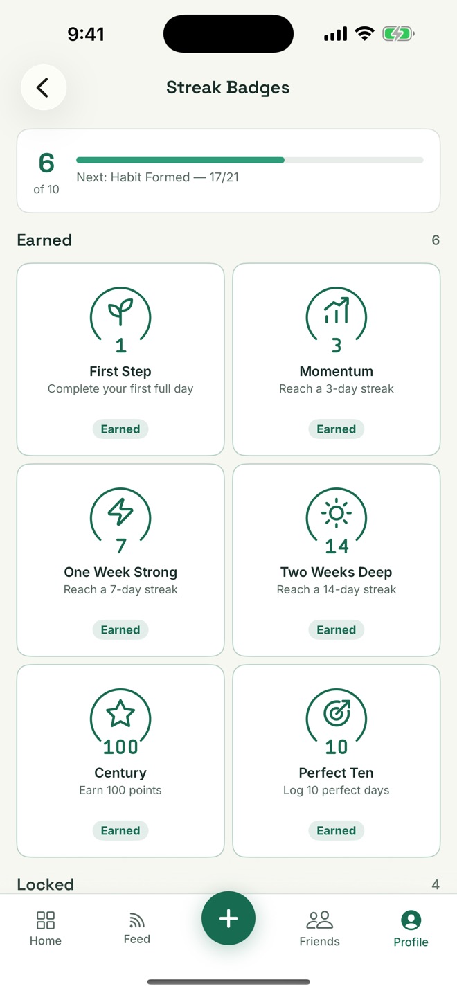 RESET's Streak Badges screen: 6 of 10 badges earned, including First Step, Momentum and One Week Strong.