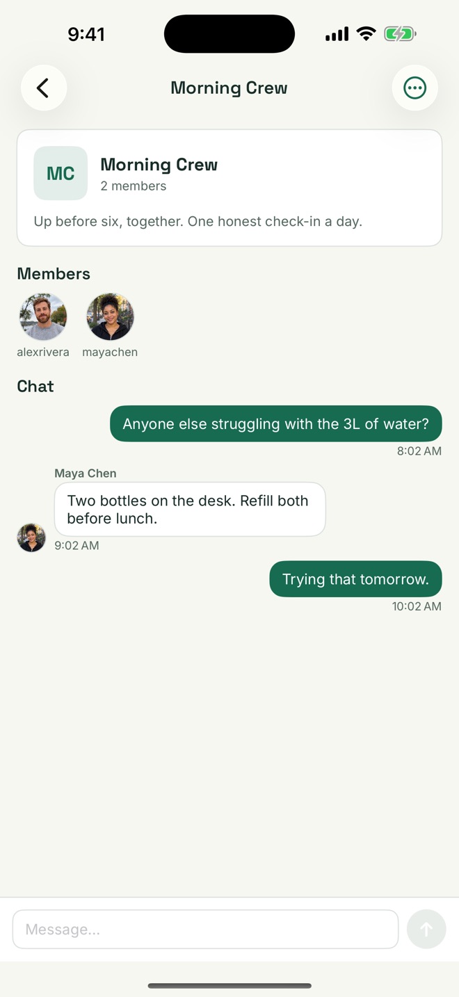 A RESET community called Morning Crew, with a group chat about drinking three litres of water.